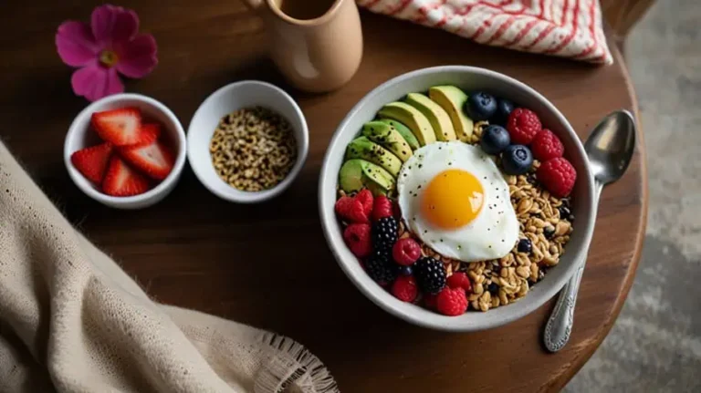 A smoothie bowl and avocado toast on a breakfast table