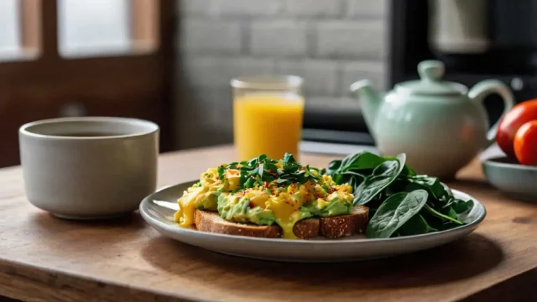 Breakfast plate with scrambled eggs, avocado toast, and sautéed spinach