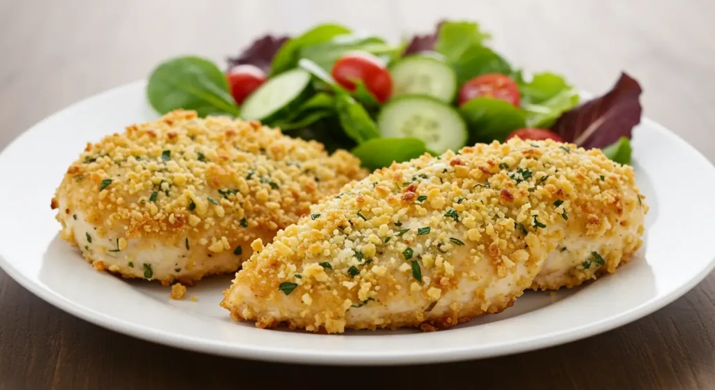 Crispy baked ranch chicken breasts served on a plate alongside fresh green salad