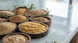 Raw quinoa, buckwheat, and oats in wooden bowls on a marble countertop