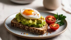 Whole-grain avocado toast with a poached egg and cherry tomatoes for a balanced breakfast.