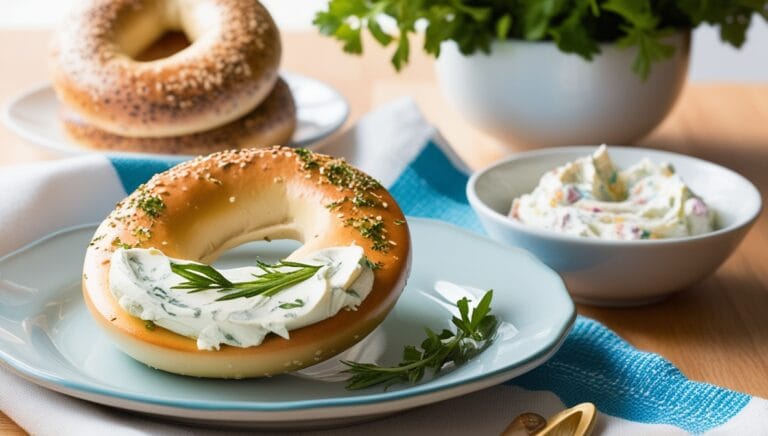 Bagel topped with cream cheese and garnished with fresh herbs in a New York kitchen