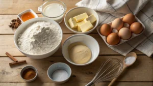 Flat lay of baking ingredients, including flour, sugar, butter, light cream, eggs, vanilla extract, and baking powder, on a rustic wooden surface.