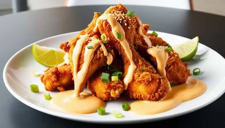 Crispy Bang Bang Chicken drizzled with spicy sauce, garnished with green onions and sesame seeds.