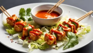 Bite-sized Bang Bang Chicken skewers drizzled with spicy sauce, served on a bed of lettuce with dipping sauce