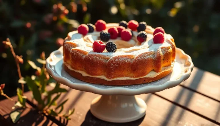 A beautifully presented Bee Sting Cake on a white cake stand, topped with fresh raspberries and blackberries and dusted with powdered sugar