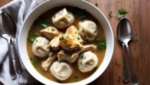 Gluten-free biscuit chicken and dumplings in a white bowl.