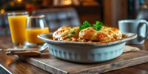 Biscuits and Gravy Casserole served in a rustic dish