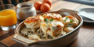 Biscuits and Gravy Casserole served in a rustic dish