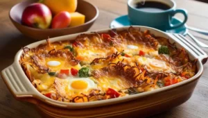 A freshly baked breakfast casserole with hash browns, eggs, cheese, and vegetables served in a rustic dish