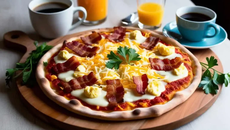 Breakfast pizza with scrambled eggs, bacon, cheese, and creamy white sauce, garnished with parsley