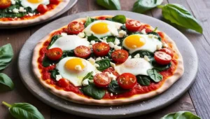 Breakfast pizza with tomato sauce, sunny-side-up eggs, spinach, cherry tomatoes, and feta cheese