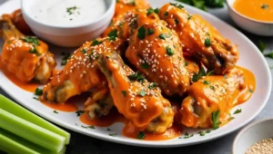 Boneless chicken wings tossed in Buffalo sauce, garnished with parsley and sesame seeds, served with ranch and celery sticks