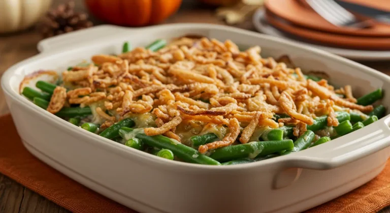 Side-view of a freshly baked Campbell Soup Green Bean Casserole in a white ceramic baking dish, topped with golden crispy fried onions, with a cozy holiday dinner setting in the background.