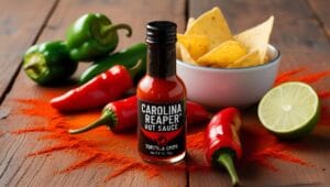 A bottle of Carolina Reaper hot sauce surrounded by fresh peppers, lime slices, and tortilla chips on a wooden surface