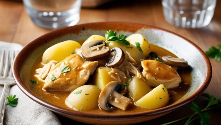 A bowl of Chicken Mushroom Potatoes Crock Pot Recipe with tender chicken, creamy