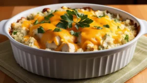 Chicken and Cauliflower Rice Casserole topped with melted cheese and parsley