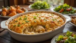 Homemade chicken and rice casserole topped with melted cheese and garnished with fresh parsley in a rustic baking dish