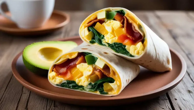 A breakfast burrito sliced to reveal eggs, bacon, cheese, and vegetables, served with salsa and avocado