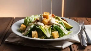 A classic Caesar salad with lettuce, croutons, Parmesan cheese, and creamy dressing