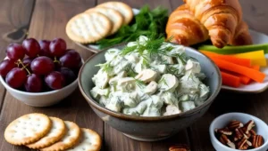 A creamy bowl of Chicken Salad Chick garnished with dill, served with croissants and crackers.