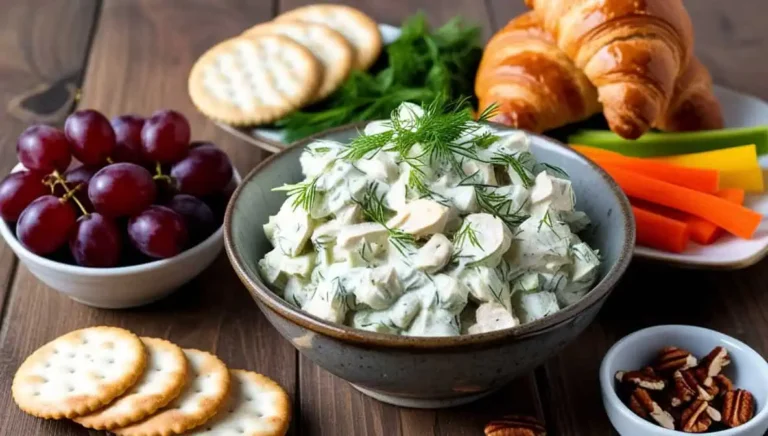 A creamy bowl of Chicken Salad Chick garnished with dill, served with croissants and crackers.