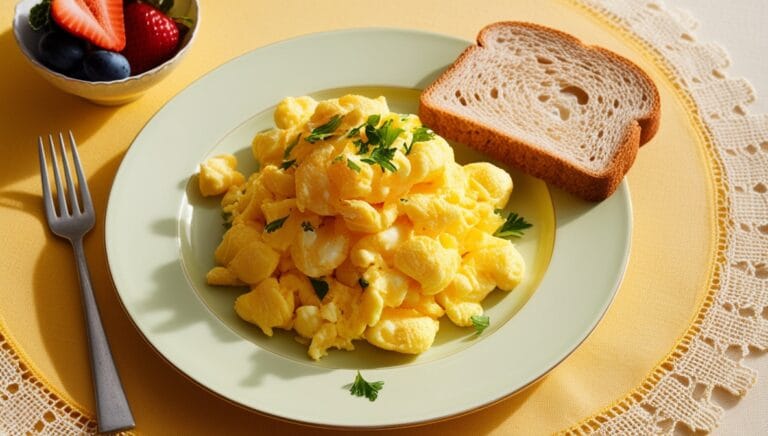 Fluffy scrambled eggs with parsley and toast on a breakfast table