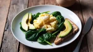 Scrambled eggs with spinach and avocado on a wooden table