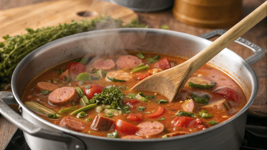 Cooking Swamp Soup in a pot with sausage, okra, and tomatoes