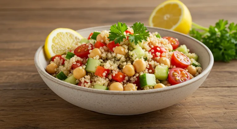 A fresh and colorful Costco Quinoa Salad served in a ceramic bowl, featuring quinoa, chickpeas, bell peppers, cucumbers, and cherry tomatoes, garnished with lemon and parsley. Side-angle shot on a rustic wooden table