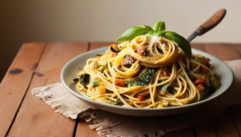 A bowl of creamy pasta garnished with fresh basil leaves and grated Parmesan cheese, served on a rustic table