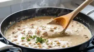 Creamy turkey sausage gravy in a skillet being stirred