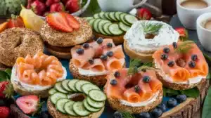 Freshly baked New York bagel with cream cheese, surrounded by smoked salmon, capers, and onions on a rustic wooden board, with a soft-focus New York City skyline in the background