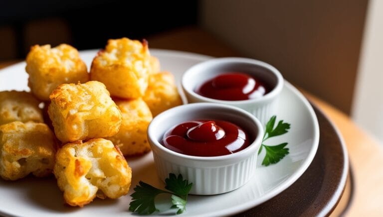 A plate of golden baked tater tots with ketchup and parsley garnish.