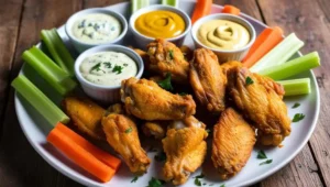 A plate of crispy boneless chicken wings with dipping sauces, celery sticks, and carrot sticks.