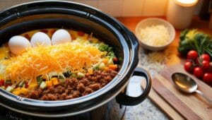 Crockpot breakfast casserole in the cooking process, showing colorful layers of eggs, cheese, vegetables, and sausage