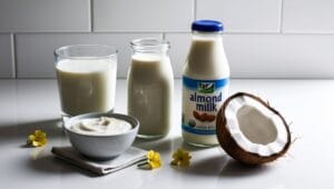 Dairy and non-dairy options like milk, yogurt, almond milk, and coconut