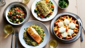 A dinner table with quinoa salad, herb-crusted salmon, and gluten-free pasta bake