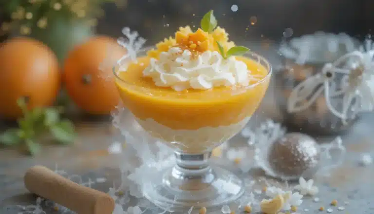 A refreshing dessert featuring mango boba pearls, layered with creamy yogurt and fresh mango chunks, served in a clear glass with a sprig of mint on top