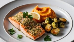 Herb-crusted salmon with roasted Brussels sprouts and mashed sweet potatoes