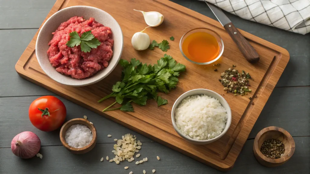 Fresh ingredients for a Traditional Albondigas Recipe displayed on a wooden board: raw ground beef, uncooked rice, chopped onions, garlic cloves, fresh cilantro, whole tomatoes, cumin, oregano, and a jug of beef broth. Side-view shot with natural lighting.

