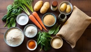 Gluten-free ingredients like almond flour, quinoa, and fresh vegetables on a wooden counter.