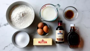 Pancake ingredients: flour, milk, eggs, butter, baking powder, sugar, and vanilla extract