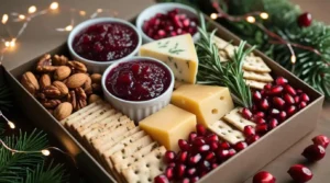 A holiday-themed charcuterie box with cranberry chutney, spiced nuts, and rosemary crackers, surrounded by Christmas decor