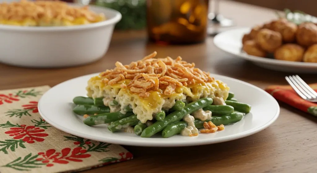 Side-angle shot of a plated serving of green bean casserole on a white ceramic dish, garnished with extra crispy fried onions, with a blurred festive dinner table in the background.