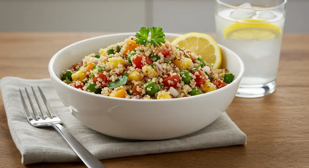 A beautifully plated Costco Quinoa Salad in a white ceramic bowl, garnished with lemon slices and fresh parsley. The bowl is placed on a rustic wooden table, with a fork and a glass of iced lemon water beside it. Side-angle shot highlighting vibrant colors and textures