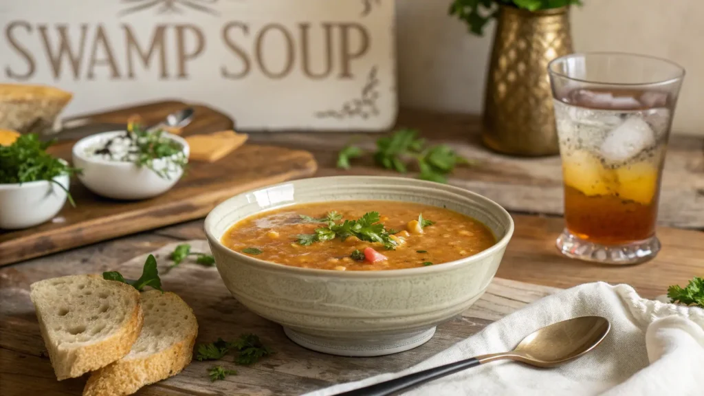 Bowl of Swamp Soup garnished with parsley and served with crusty bread.