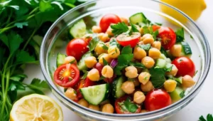 Chickpea and veggie salad with cherry tomatoes and cucumbers.