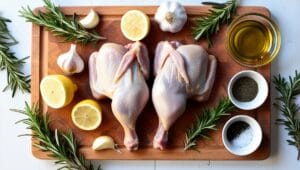 Raw chicken legs with garlic, rosemary, and spices on a cutting board