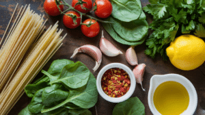 Ingredients for light pasta dishes including whole-grain pasta, fresh vegetables, and olive oil